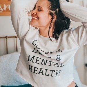 Dogs, Coffee, Mental Health Cropped Sweat Shirt, WHITE (small)